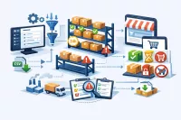 Dostupnosti podle skladu: nastavte pravidla jednou a systém přepočítá vše za vás - 2079563 - Ilustrace systému e-shopu pro automatické řízení dostupnosti produktů podle stavu skladu, včetně pravidel, exportů a kontroly konfliktů.