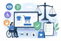 FAQ: Přístupnost e-shopu a zákon č. 424/2023 Sb. (na koho se skutečně vztahuje) - 2079567 - Ilustrační grafika e-shopu s prvky přístupnosti – monitor s nákupním košíkem, ikony handicapu, štít bezpečnosti, kontrolní seznam a váhy spravedlnosti.
