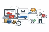 Funkce "Chci slevu": jak dostat zákazníka zpět k nákupu automatickým kupónem - 2079558 - Ilustrace procesu získání slevového kupónu v e-shopu: zákazník klikne na produkt, zadá e-mail, obdrží kupón a dokončí nákup se slevou.