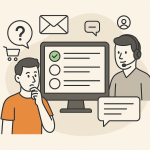 Nový systém poptávek: Konec chaosu v e-mailech a větší přehled o zákaznících - 2079537 - Ilustrace nového systému poptávek v administraci e-shopu: zákazník s dotazem, pracovník podpory a přehled vyřízených a nevyřízených poptávek na obrazovce.