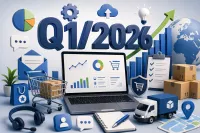 Q1 2026: Zákulisí tří měsíců, které nás posunuly dál - 2079566 - 3D ilustrace e-commerce prostředí s notebookem, grafy, balíky a ikonami služeb, doplněná výrazným nápisem „Q1/2026“, symbolizující růst, vývoj a provoz online podnikání.