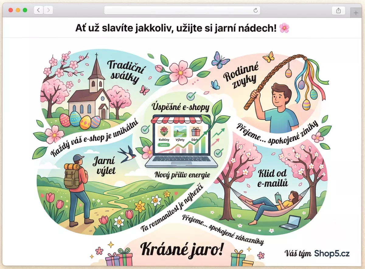 Jarní přání k Velikonocům 2026 od Shop5.cz – ilustrace s motivy tradičních svátků, rodinných zvyků, jarního výletu a úspěšných e-shopů