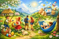 Veselé Velikonoce 2026 a krásné jaro přeje Shop5.cz - 2079565 - Jarní ilustrace s velikonočními tradicemi, výletem do přírody, odpočinkem v houpací síti a symboly růstu e-shopu.