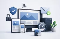 Webové stránky od 5 000 Kč: moderní, rychlé a bezpečné - 2079568 - Moderní ilustrace webu na různých zařízeních s ikonami zabezpečení, rychlosti a e-mailu.