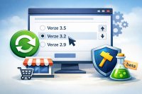 Získejte plnou kontrolu nad aktualizacemi svého e-shopu - 2079546 - Výběr verze aktualizace systému e-shopu v administraci s ikonami bezpečnosti a správy verzí.